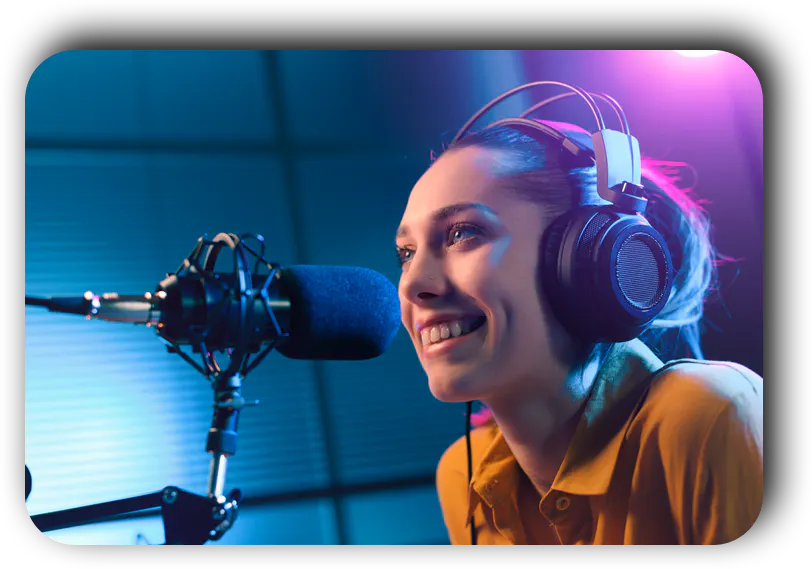 announcer with headphones speaking in front of the microphone